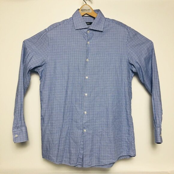 Hugo Boss Blue Herringbone Windowpane Check L/S Cotton Btn Down Mens Size 16/34 - Picture 2 of 5